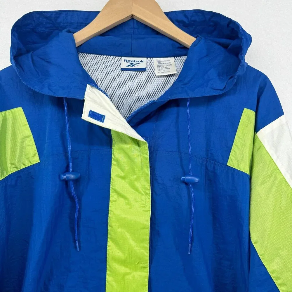REEBOK Jacket Mens M Hoodie Windbreaker Vented Mesh Nylon Rain Coat Blue VTG - Picture 3 of 15